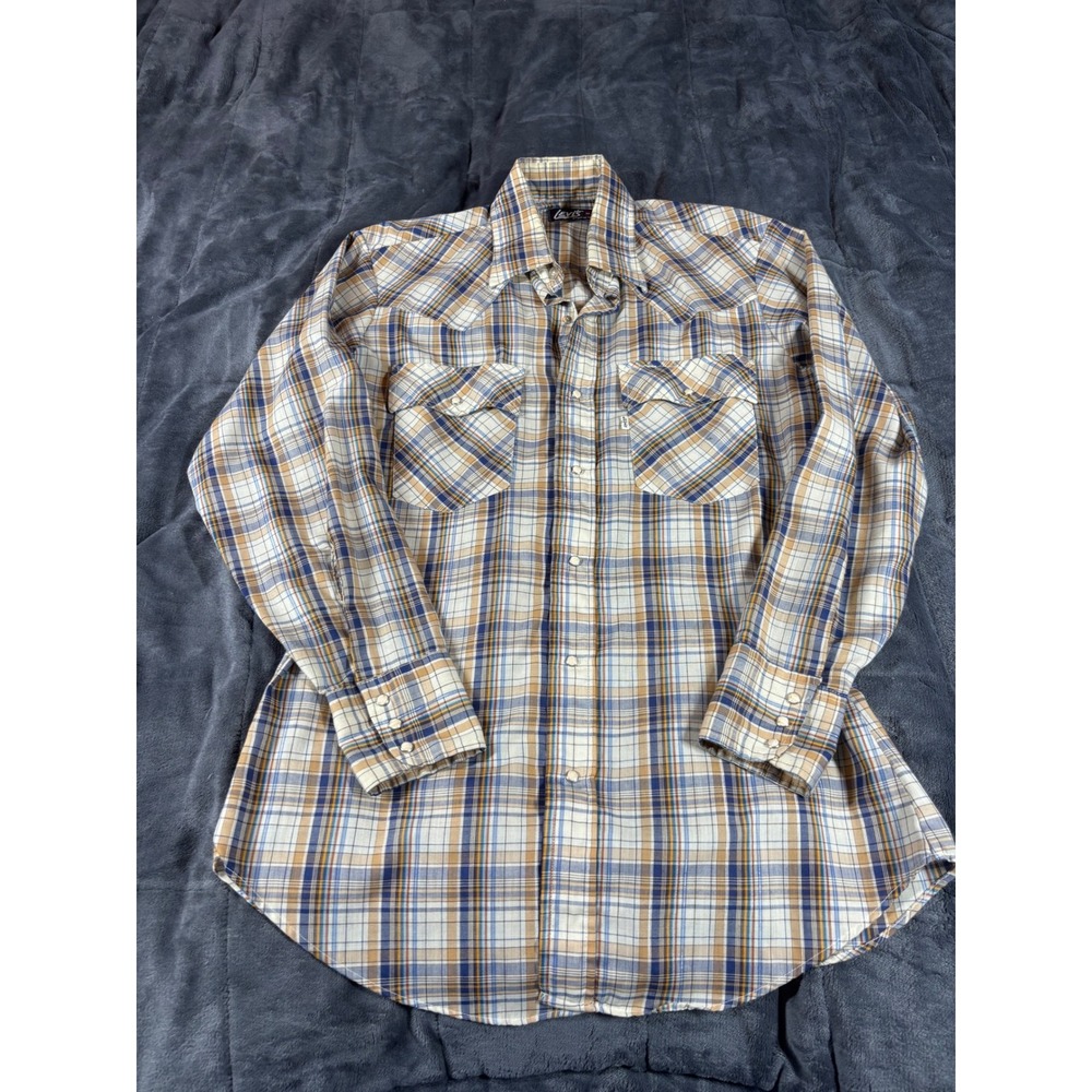 Levis Mens Regular Fit Western Pearl Snap Plaid Long Sleeve Shirt Blue Tan M